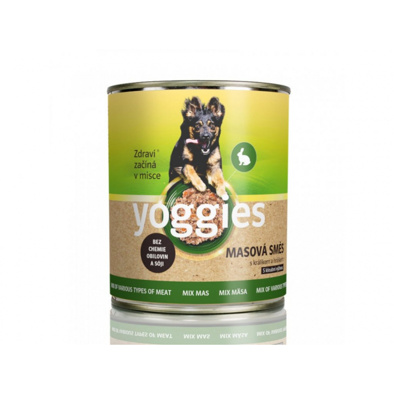 Obrázok pre Yoggies konzerva pre psov s mäsovou zmesou (kurča, bravčové, hovädzie) králikom a hráškom 400g